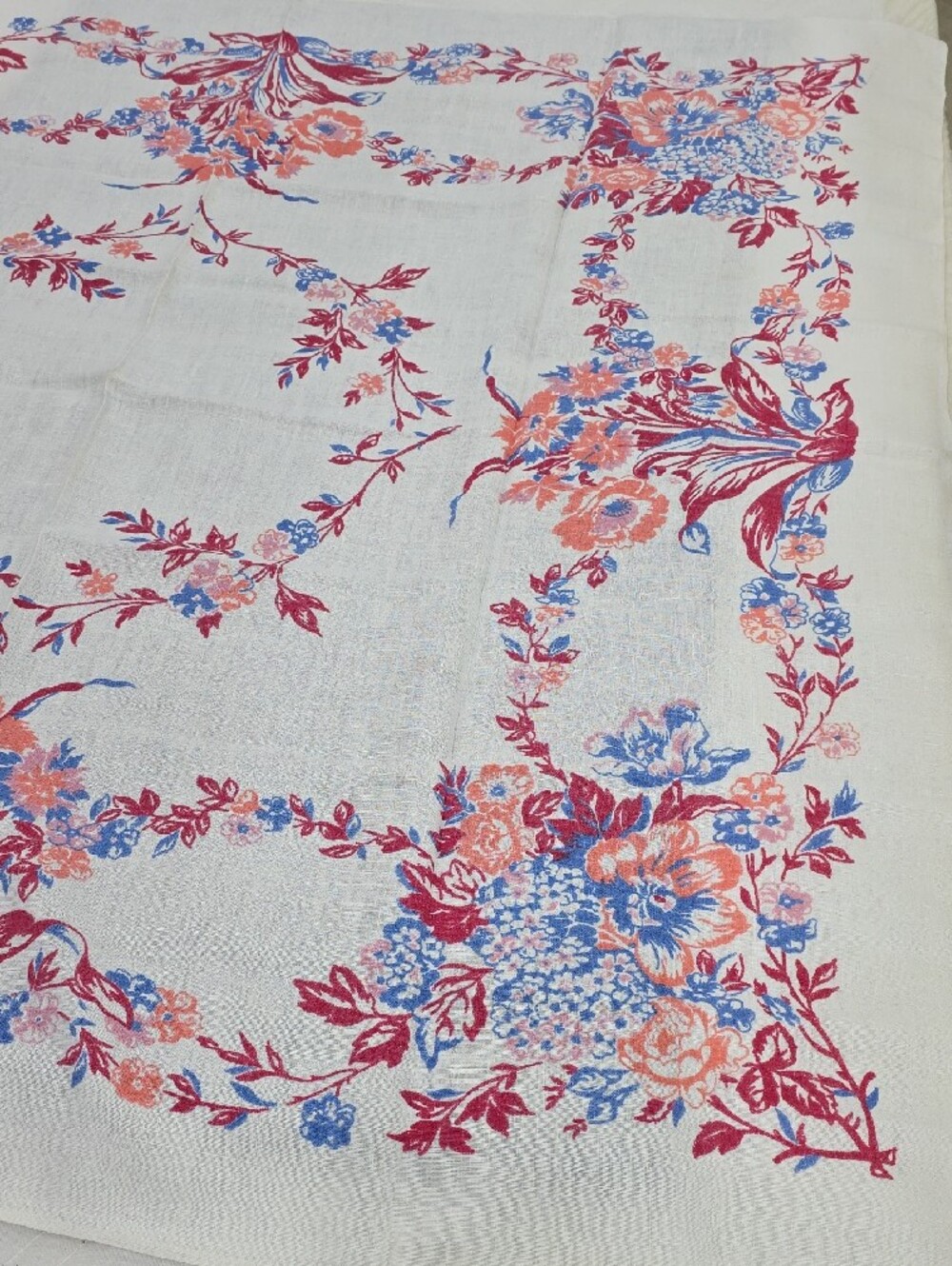 Floral Printed Tablecloth in White with Pink and Blue Accents - Picture 5 of 6